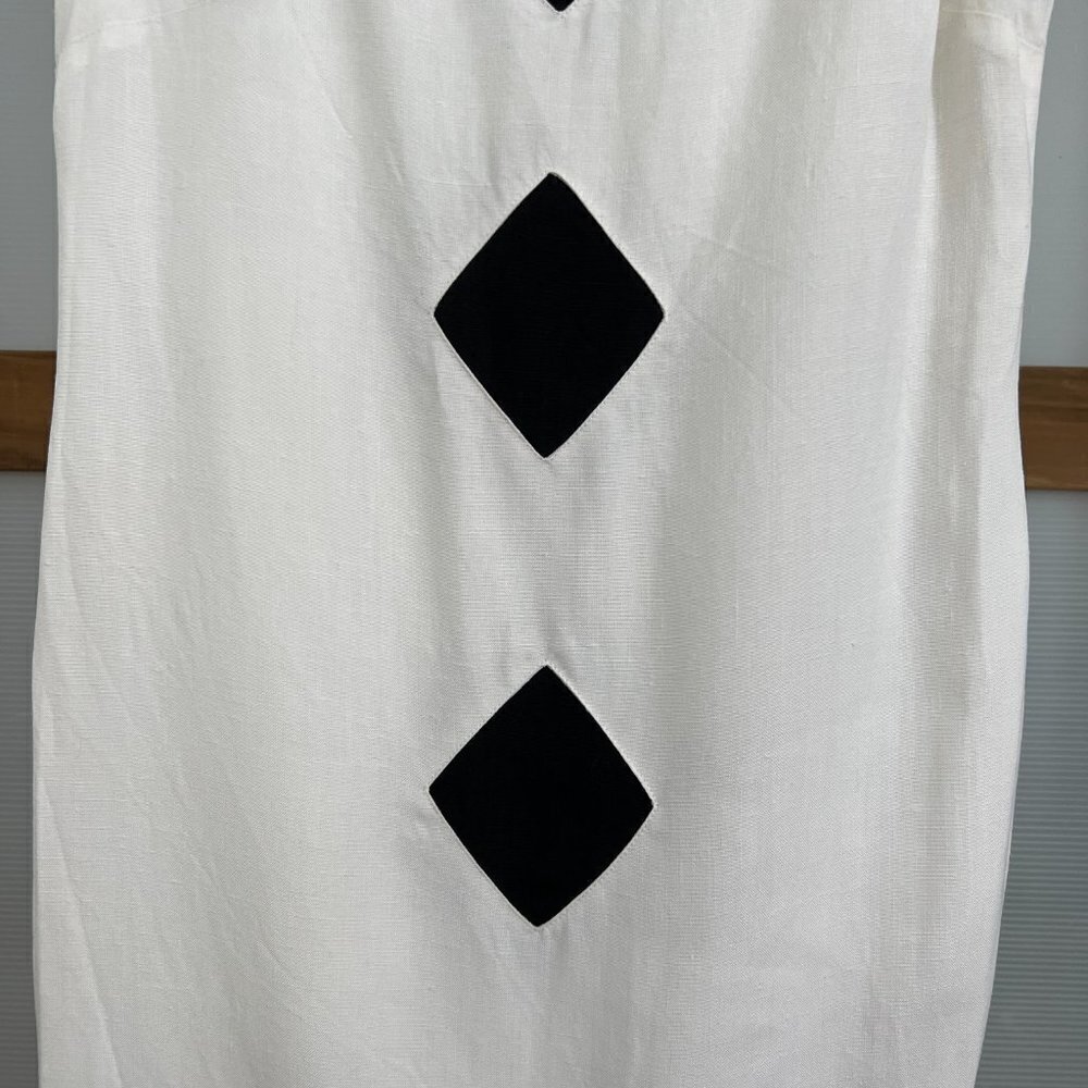 VTG Donna White Linen Black Diamond Geometric Sleeveless Shift Midi Dress Sz 8 - Picture 3 of 14
